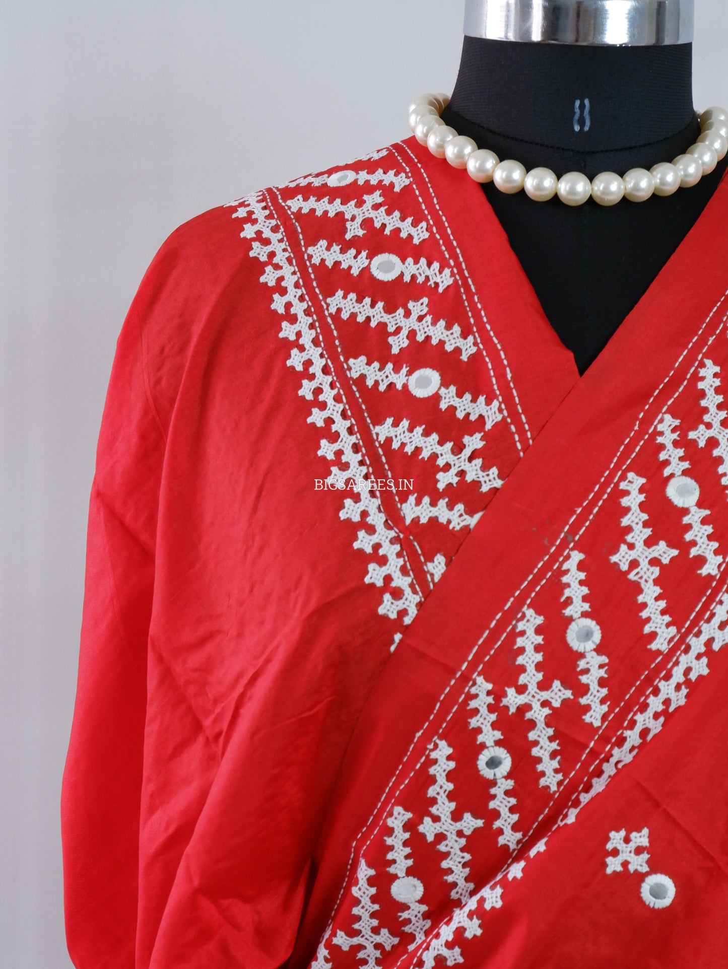 Kutchi/Gujarati Stitch Hand Embroidered Saree | Art Silk | Foil Mirror | Red