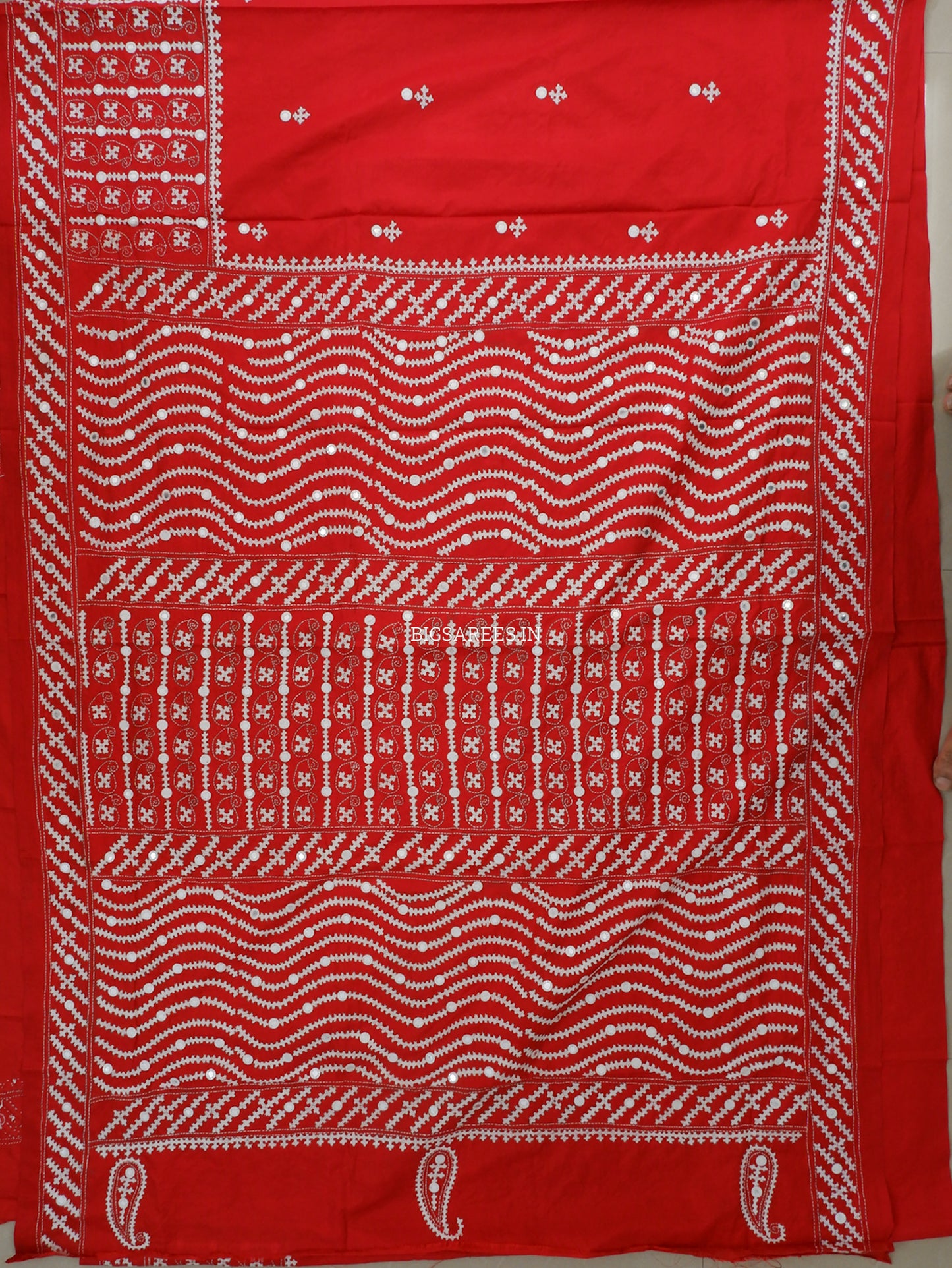 Kutchi/Gujarati Stitch Hand Embroidered Saree | Art Silk | Foil Mirror | Red