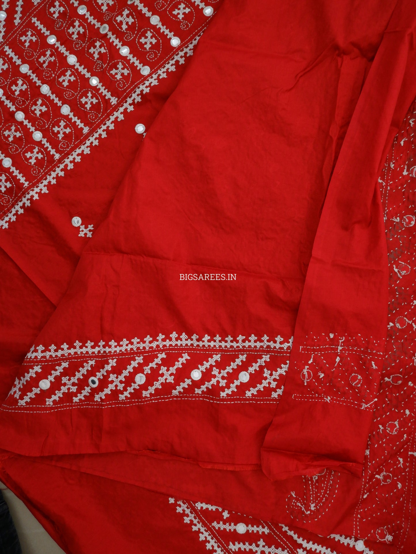 Kutchi/Gujarati Stitch Hand Embroidered Saree | Art Silk | Foil Mirror | Red