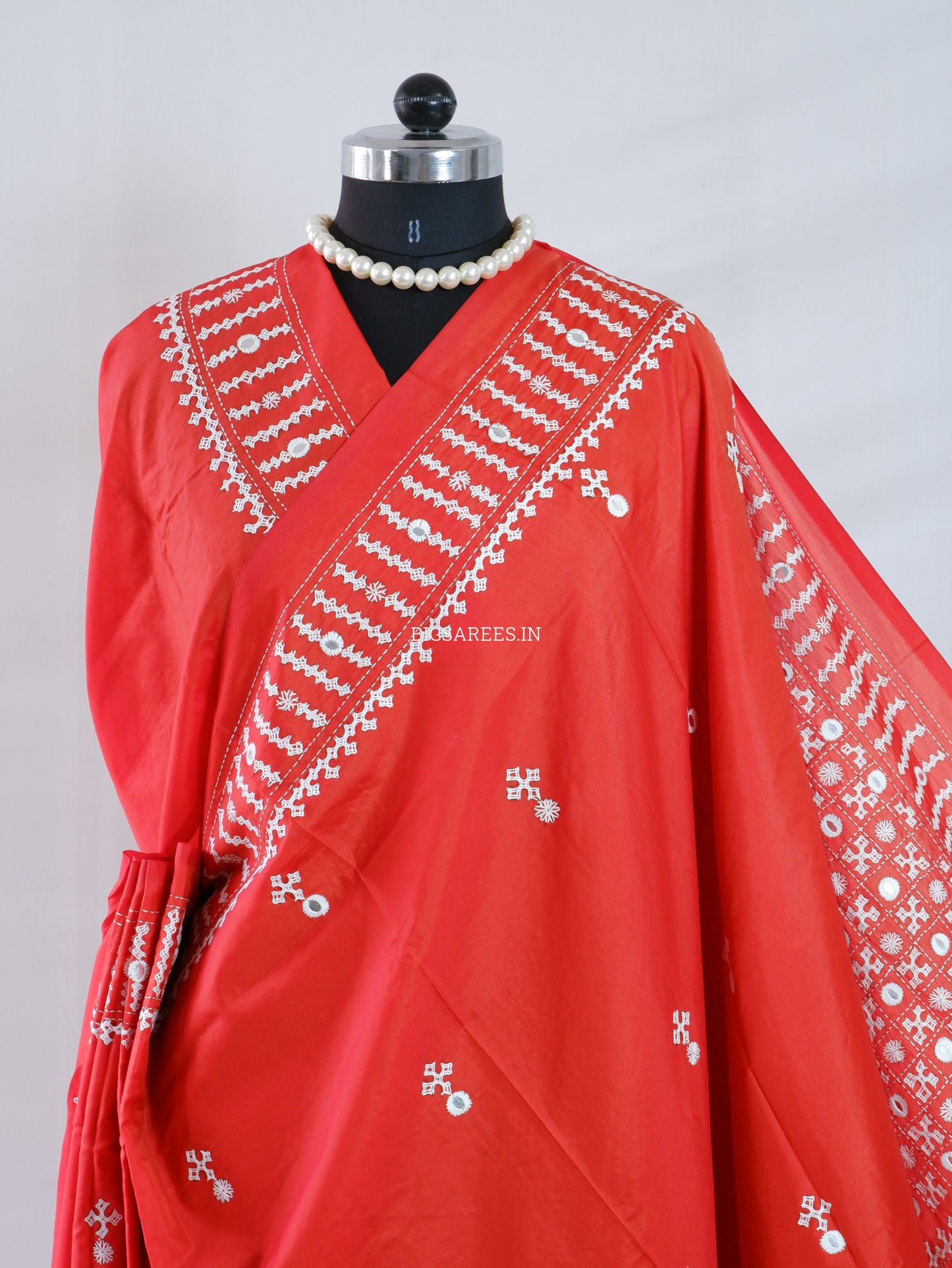 Kutchi/Gujarati Stitch Hand Embroidered Saree | Art Silk | Foil Mirror | Red