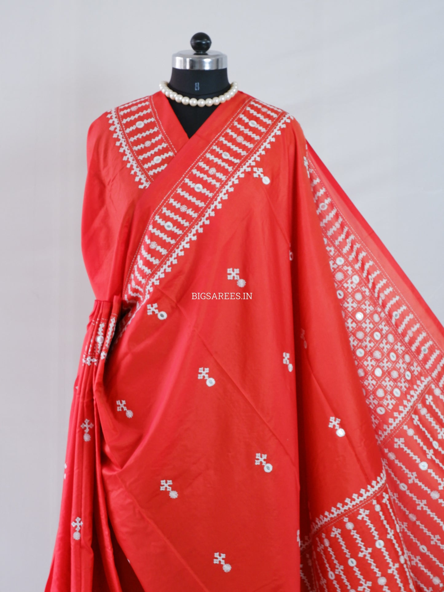 Kutchi/Gujarati Stitch Hand Embroidered Saree | Art Silk | Foil Mirror | Red