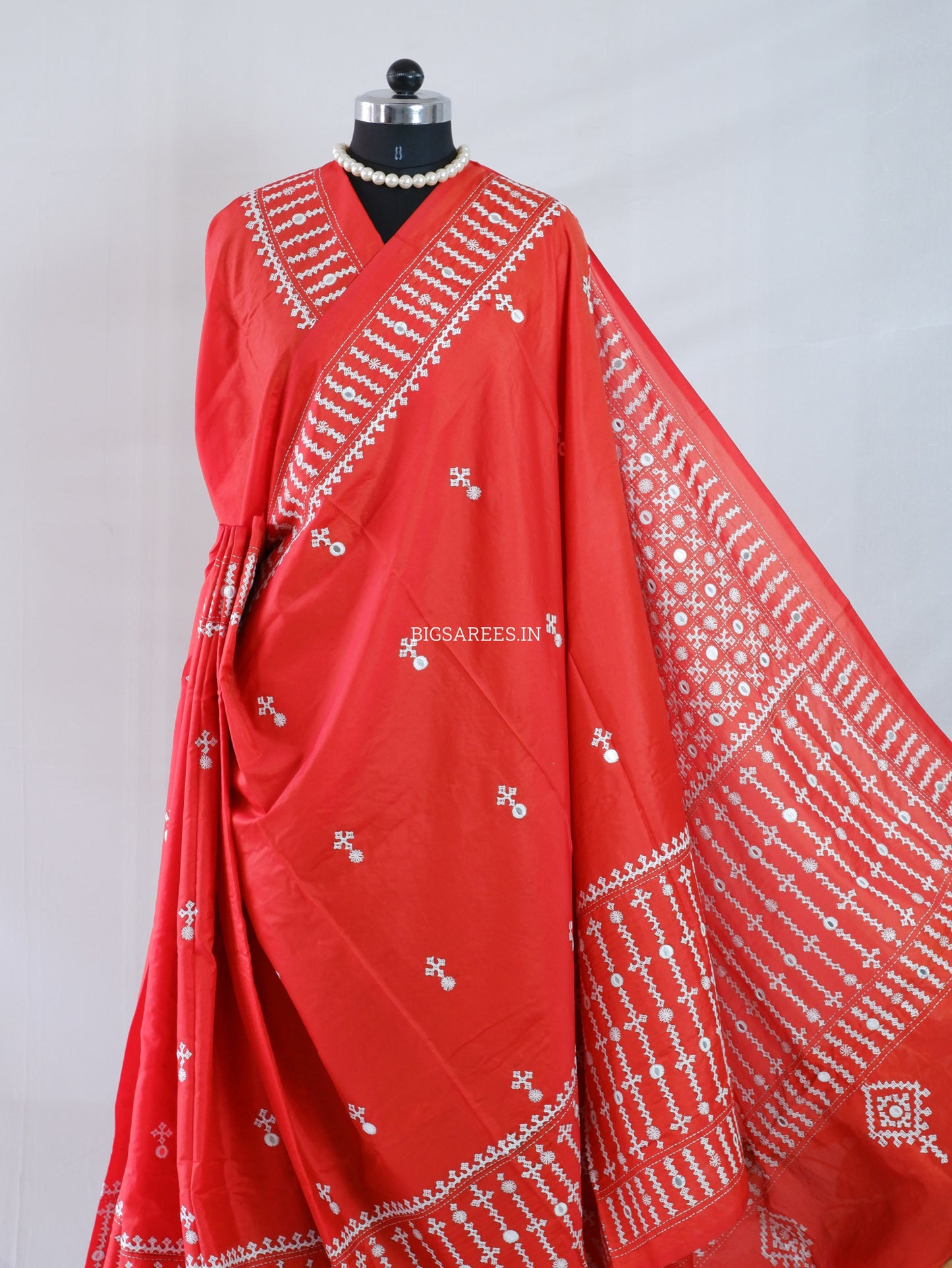 Kutchi/Gujarati Stitch Hand Embroidered Saree | Art Silk | Foil Mirror | Red