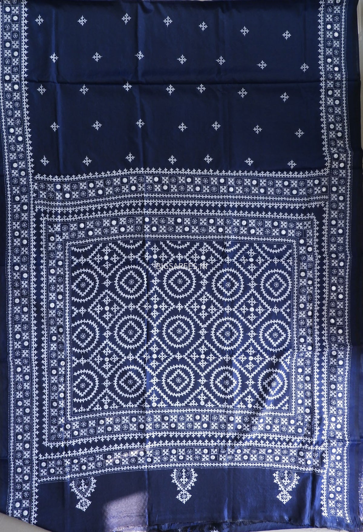 Kutchi/Gujarati Stitch Hand Embroidered Saree | Art Silk | Foil Mirror | Night Blue