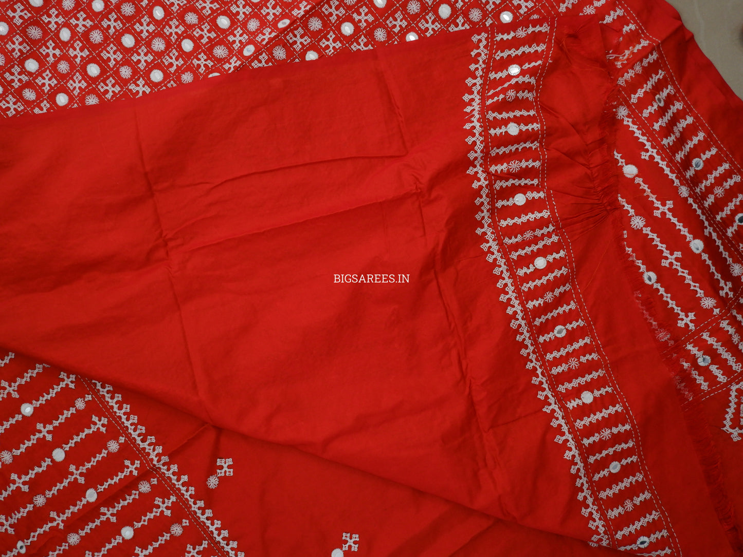 Kutchi/Gujarati Stitch Hand Embroidered Saree | Art Silk | Foil Mirror | Red