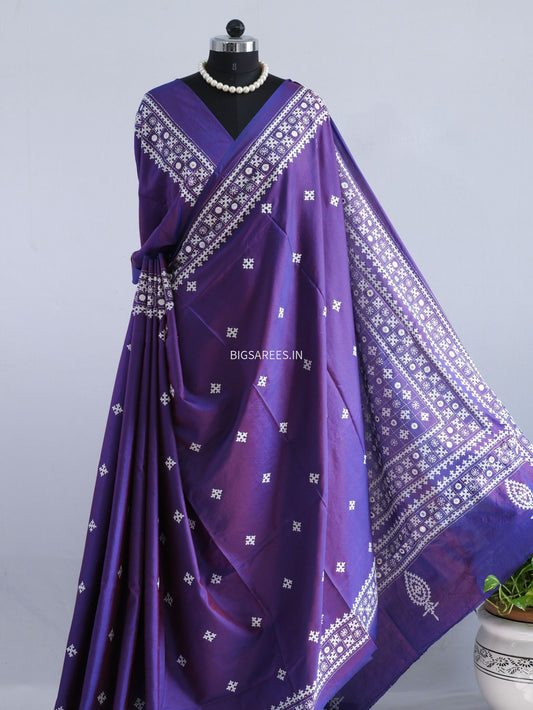 Kutchi/Gujarati Stitch Hand Embroidered Saree | Art Silk | Foil Mirror | Purple (Dual Tone)