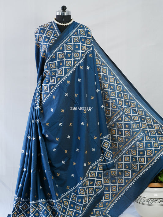 Kutchi/Gujarati Hand Embroidered Saree  | Blended Bangalore Silk / Art Silk | Peacock Blue