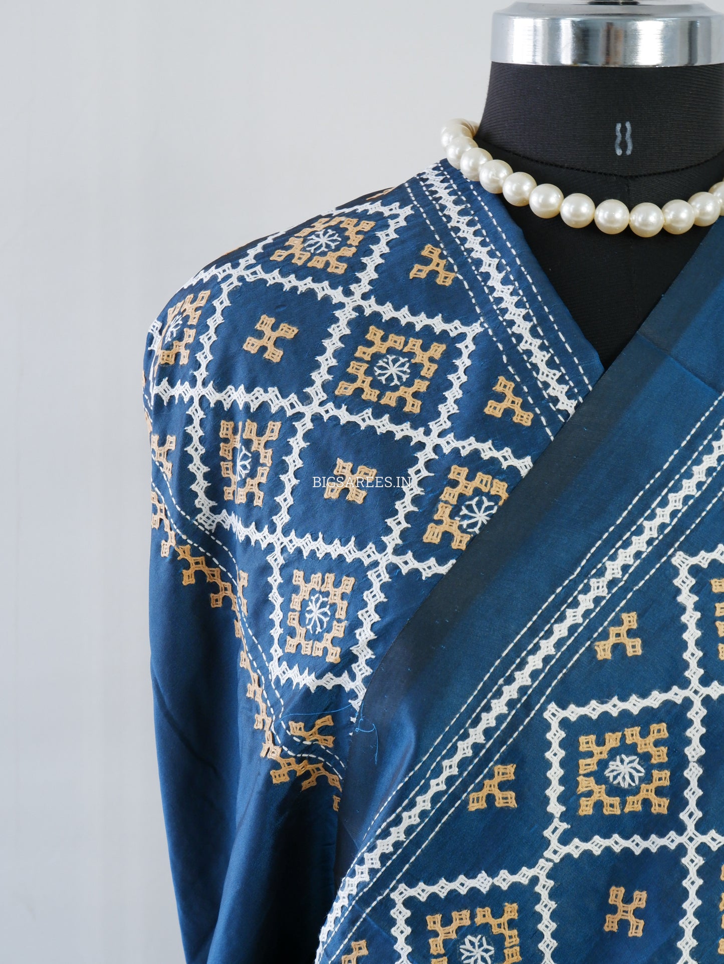 Kutchi/Gujarati Hand Embroidered Saree  | Blended Bangalore Silk / Art Silk | Peacock Blue