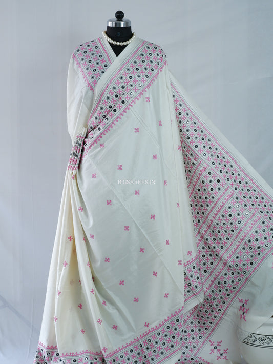 Kutchi/Gujarati Stitch Hand Embroidered Saree | Art Silk | Foil Mirror | White
