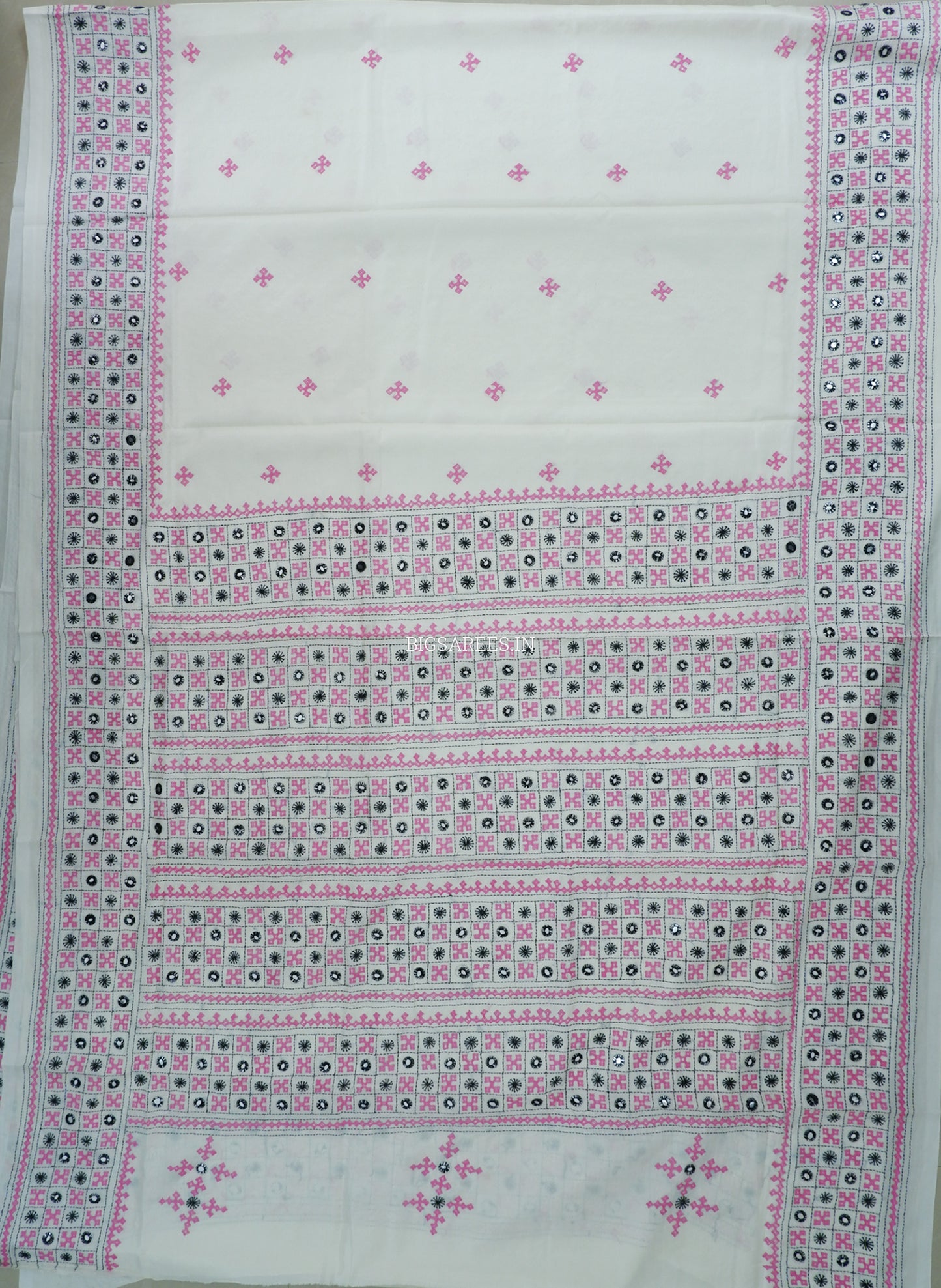 Kutchi/Gujarati Stitch Hand Embroidered Saree | Art Silk | Foil Mirror | White