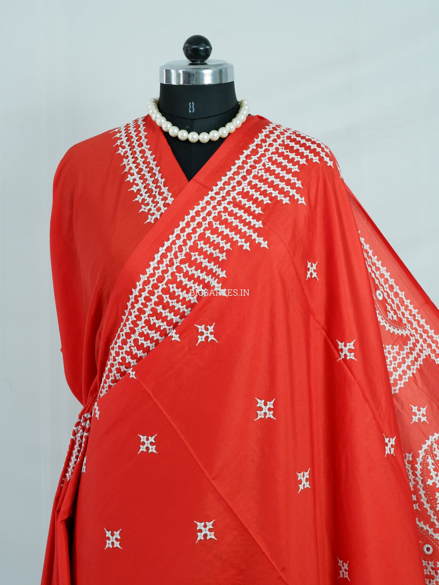 Kutchi/Gujarati Stitch Hand Embroidered Saree | Art Silk | Foil Mirror | Red