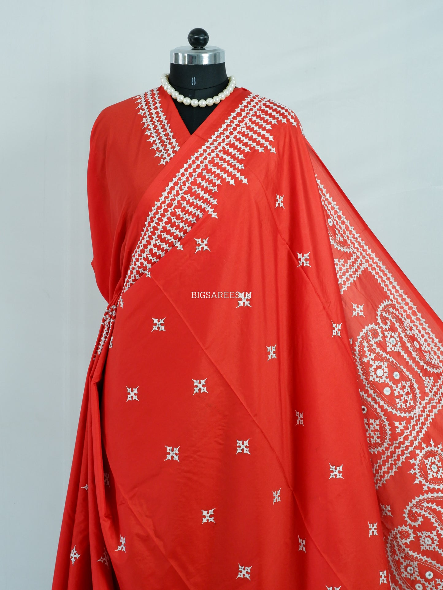 Kutchi/Gujarati Stitch Hand Embroidered Saree | Art Silk | Foil Mirror | Red