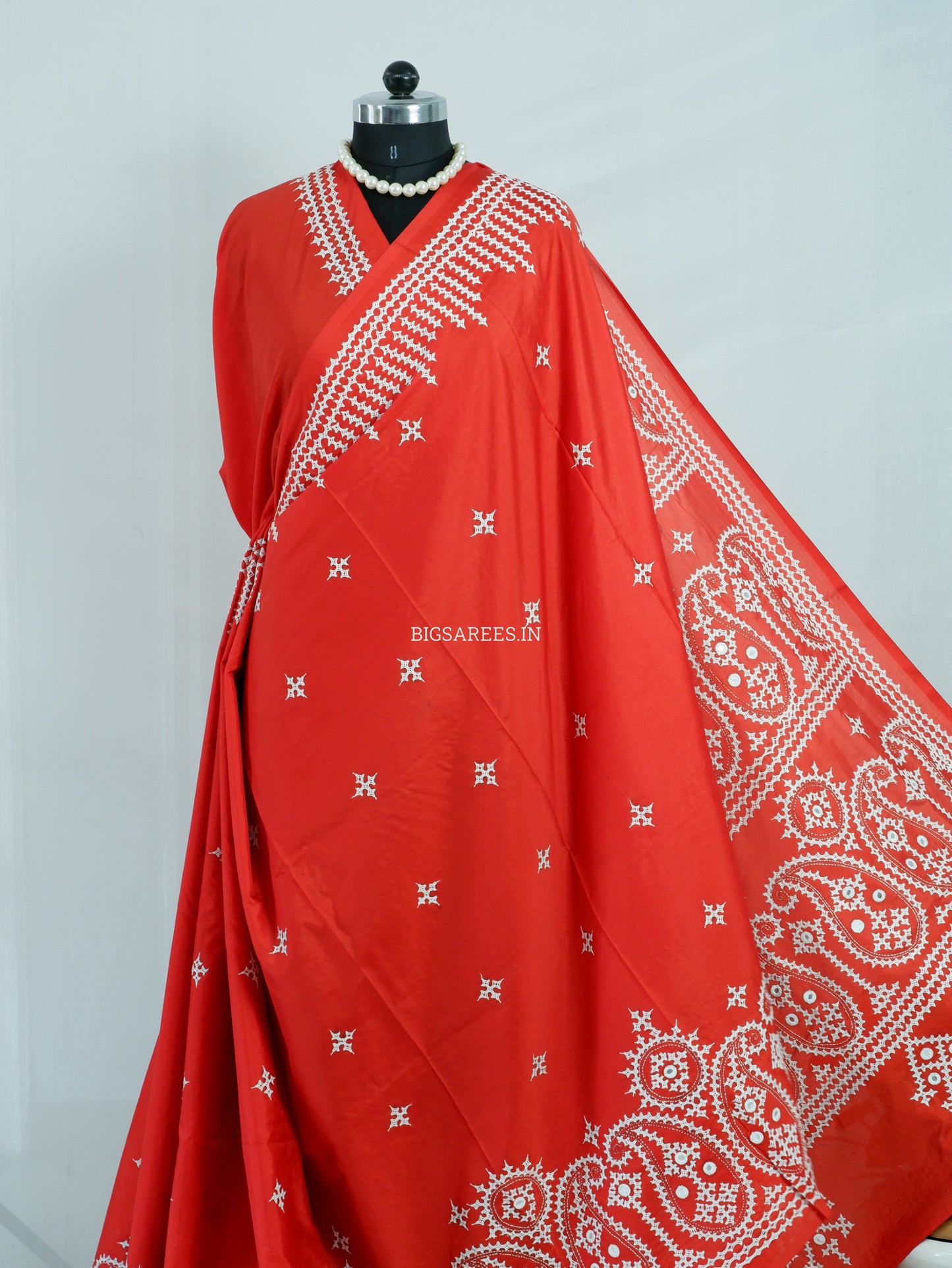 Kutchi/Gujarati Stitch Hand Embroidered Saree | Art Silk | Foil Mirror | Red