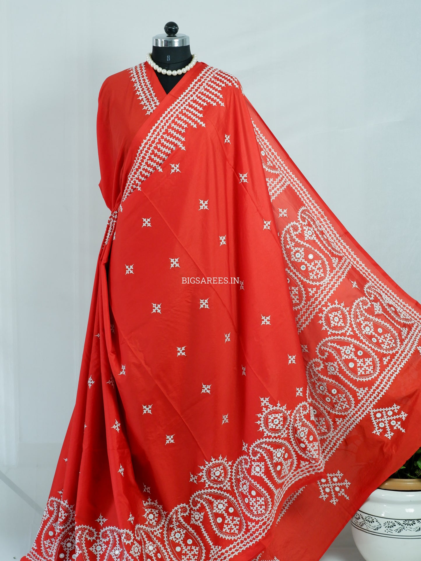 Kutchi/Gujarati Stitch Hand Embroidered Saree | Art Silk | Foil Mirror | Red