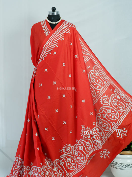 Kutchi/Gujarati Stitch Hand Embroidered Saree | Art Silk | Foil Mirror | Red