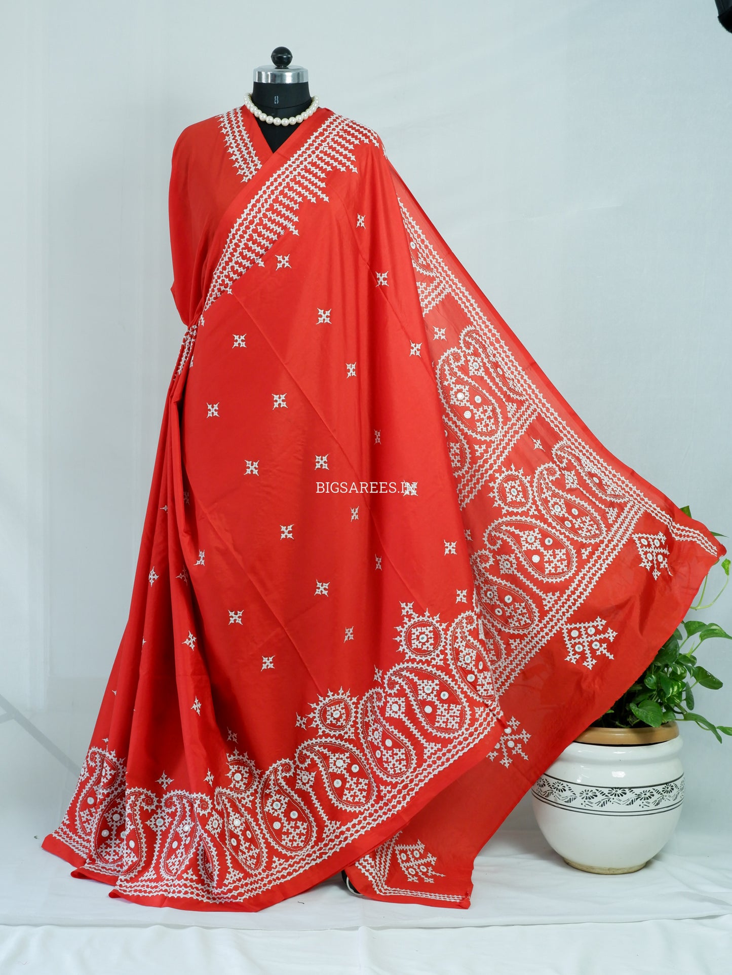 Kutchi/Gujarati Stitch Hand Embroidered Saree | Art Silk | Foil Mirror | Red