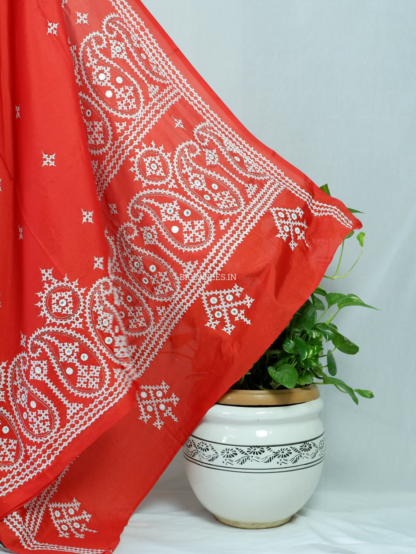 Kutchi/Gujarati Stitch Hand Embroidered Saree | Art Silk | Foil Mirror | Red