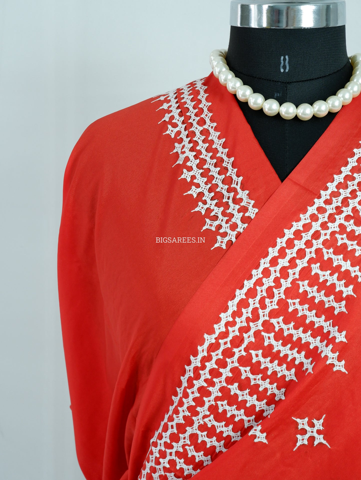 Kutchi/Gujarati Stitch Hand Embroidered Saree | Art Silk | Foil Mirror | Red
