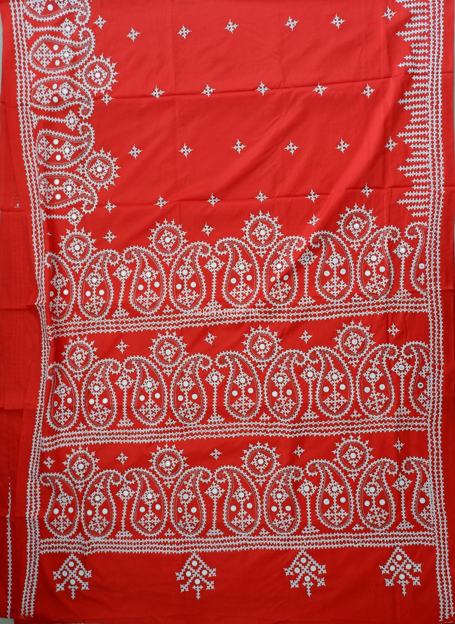 Kutchi/Gujarati Stitch Hand Embroidered Saree | Art Silk | Foil Mirror | Red