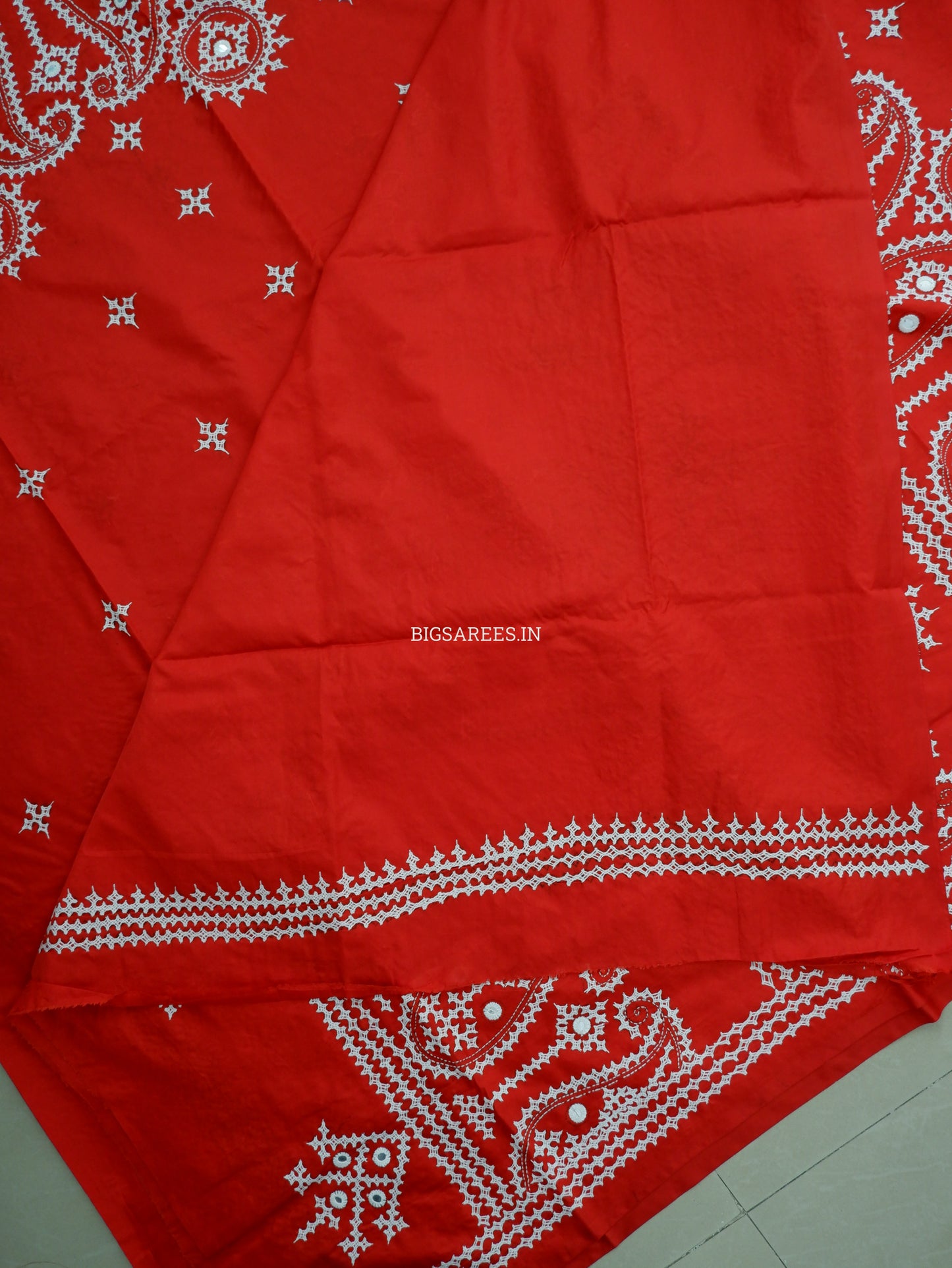 Kutchi/Gujarati Stitch Hand Embroidered Saree | Art Silk | Foil Mirror | Red
