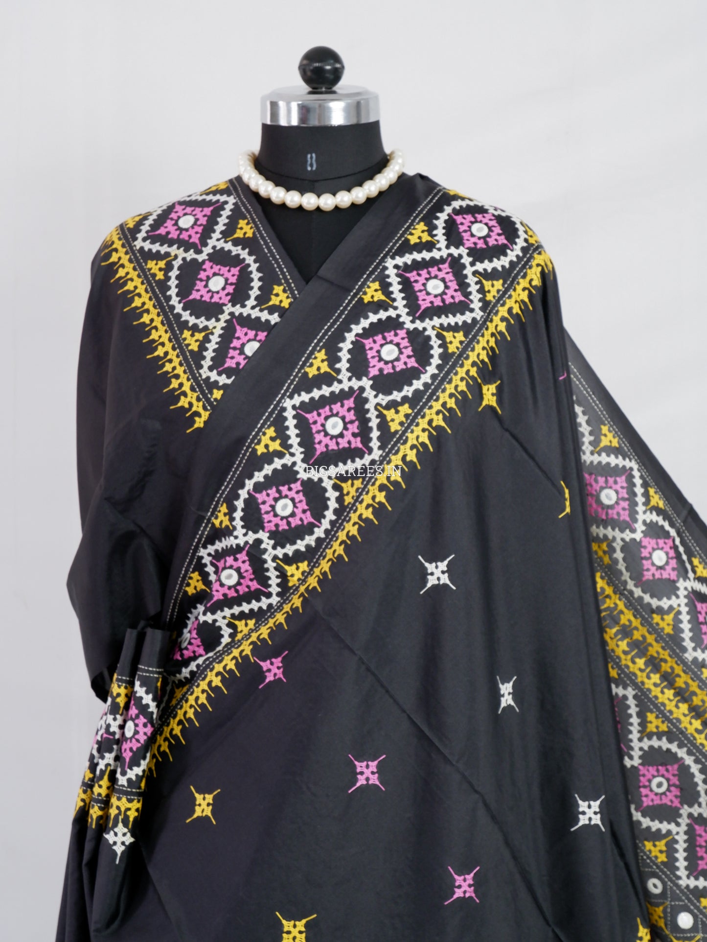 Kutchi/Gujarati Stitch Hand Embroidered Saree | Art Silk | Foil Mirror | Black