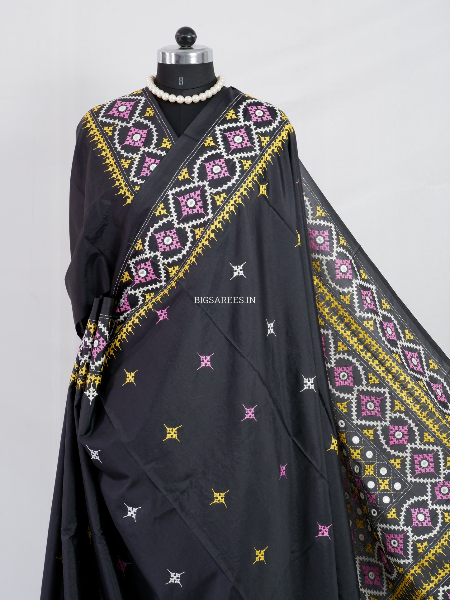 Kutchi/Gujarati Stitch Hand Embroidered Saree | Art Silk | Foil Mirror | Black