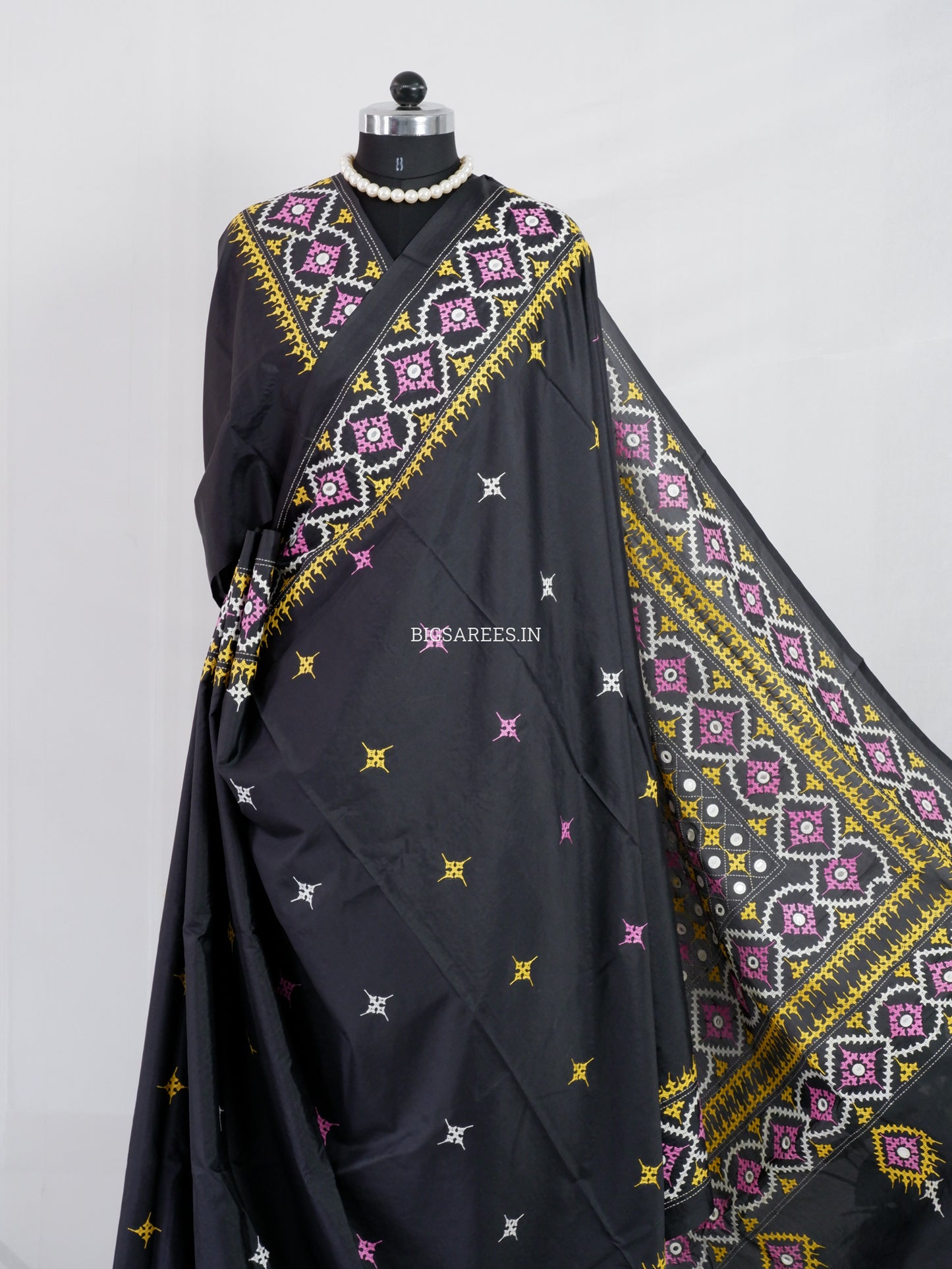 Kutchi/Gujarati Stitch Hand Embroidered Saree | Art Silk | Foil Mirror | Black