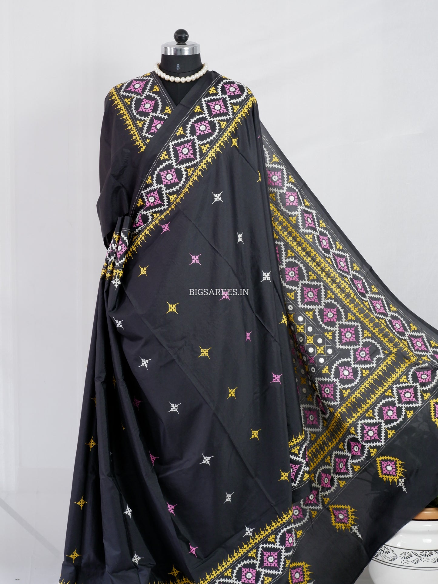 Kutchi/Gujarati Stitch Hand Embroidered Saree | Art Silk | Foil Mirror | Black