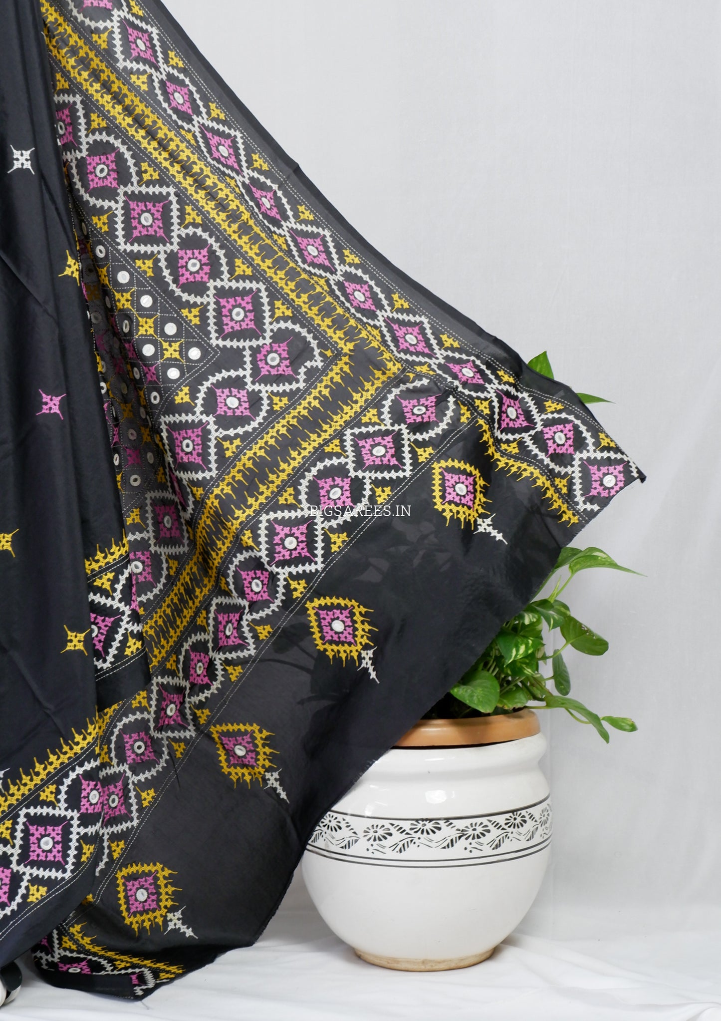 Kutchi/Gujarati Stitch Hand Embroidered Saree | Art Silk | Foil Mirror | Black