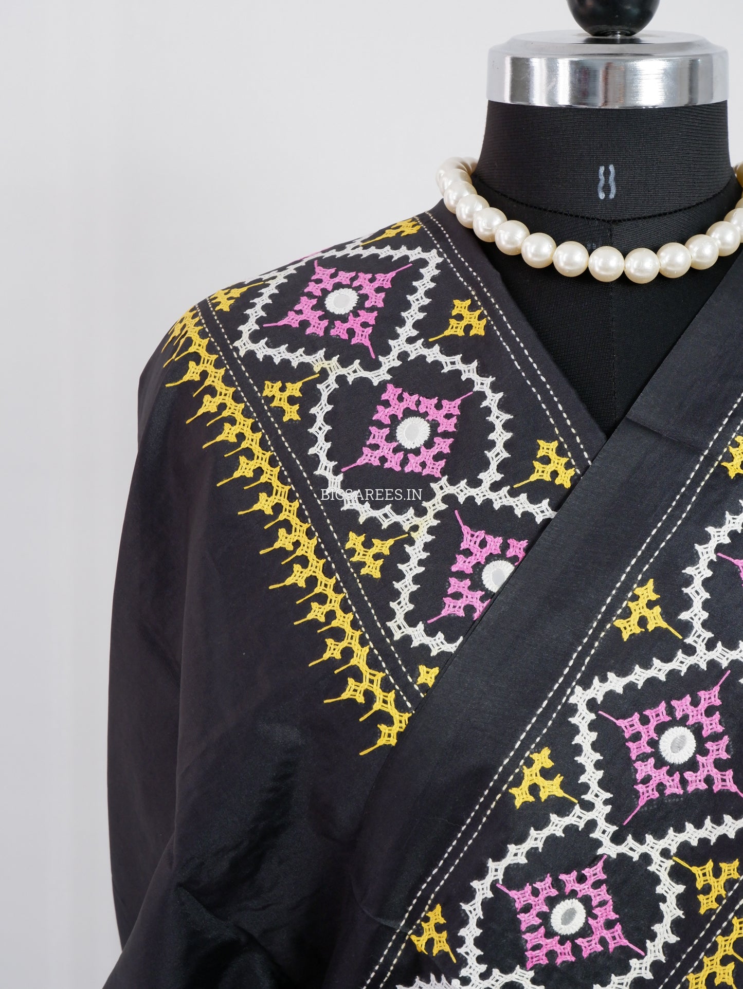 Kutchi/Gujarati Stitch Hand Embroidered Saree | Art Silk | Foil Mirror | Black