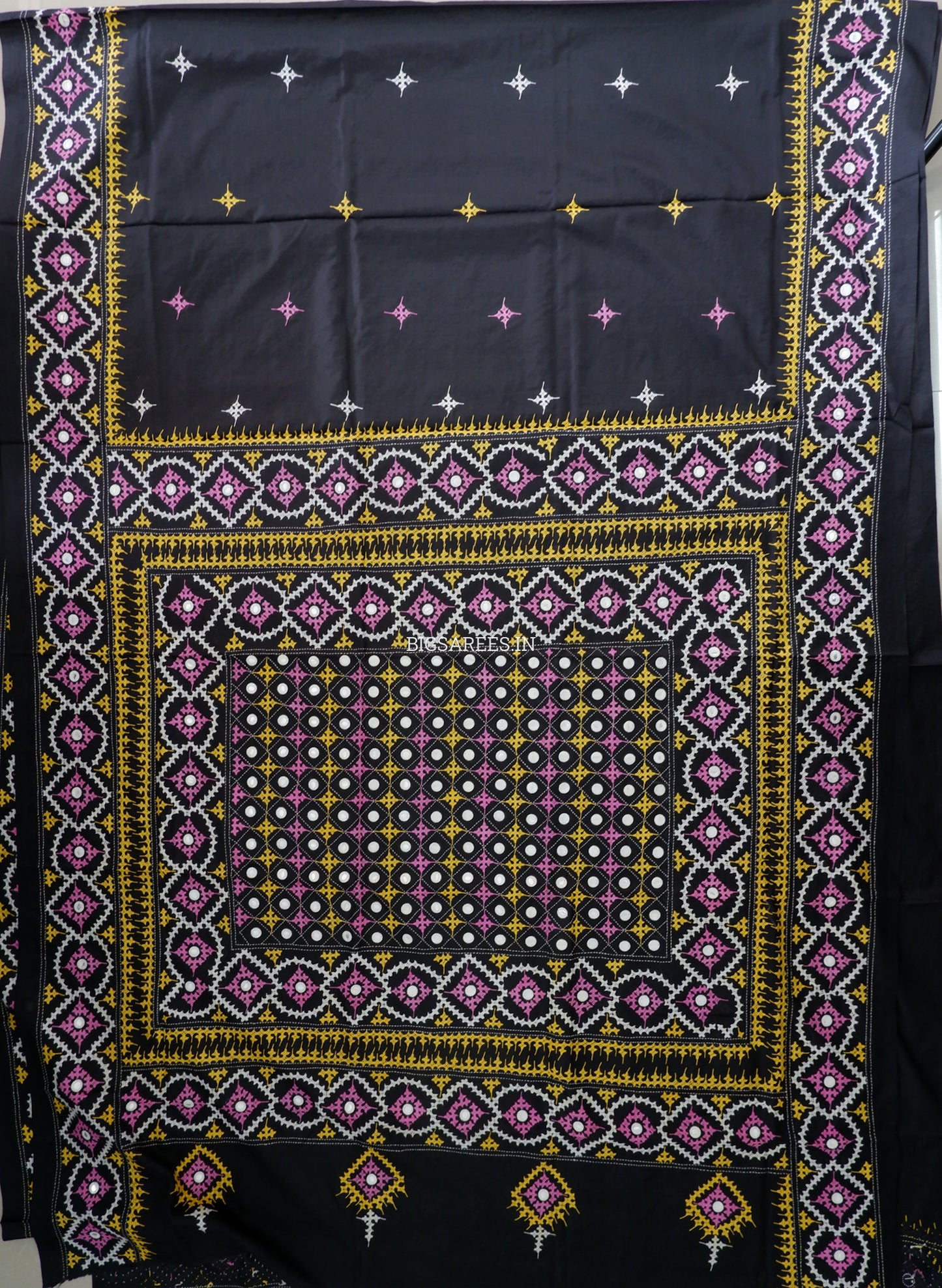 Kutchi/Gujarati Stitch Hand Embroidered Saree | Art Silk | Foil Mirror | Black