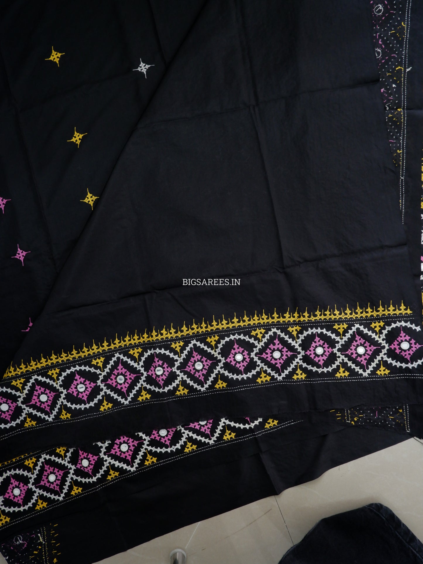 Kutchi/Gujarati Stitch Hand Embroidered Saree | Art Silk | Foil Mirror | Black