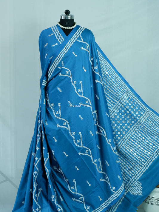 Kutchi/Gujarati Stitch Hand Embroidered Saree | Art Silk | Foil Mirror | Ultramarine Blue