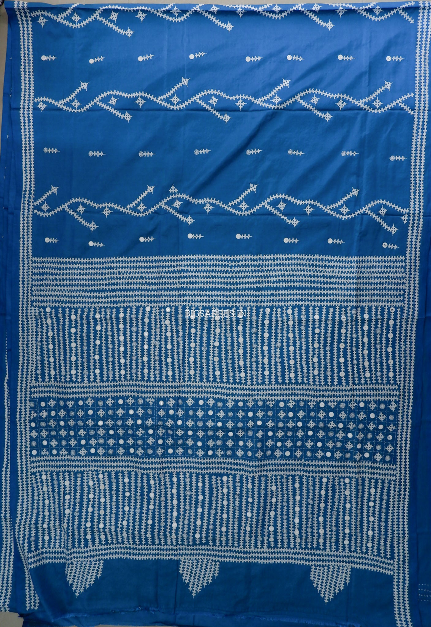 Kutchi/Gujarati Stitch Hand Embroidered Saree | Art Silk | Foil Mirror | Ultramarine Blue