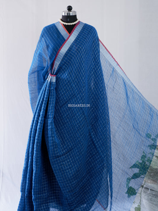 Cotton Linen Handloom Saree | Handloom Marked | Blue