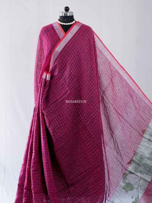 Cotton Linen Handloom Saree | Handloom Marked | Magenta