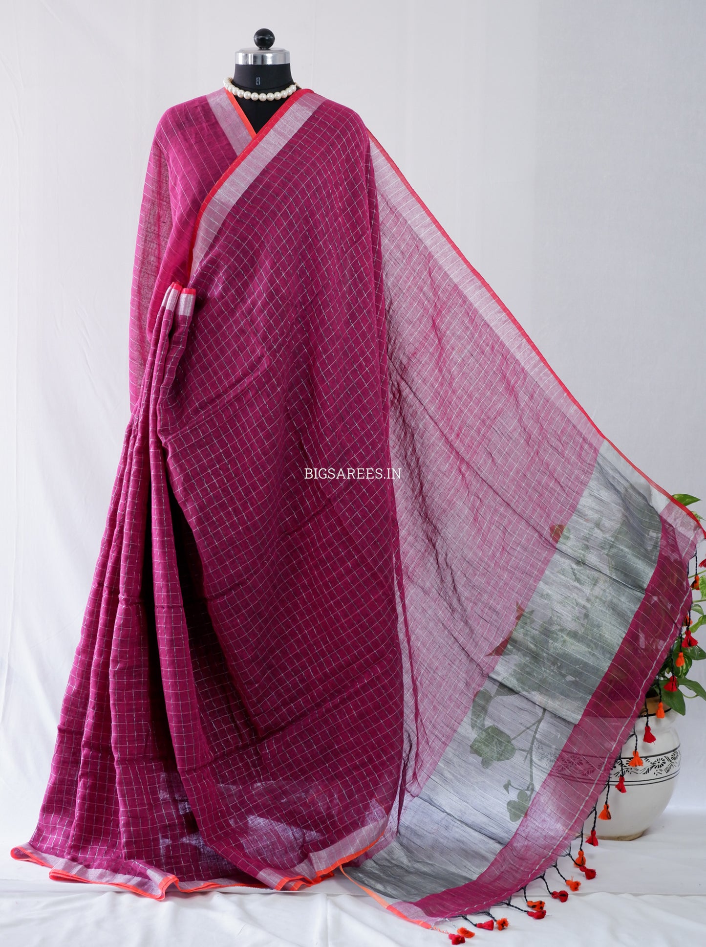 Cotton Linen Handloom Saree | Handloom Marked | Magenta