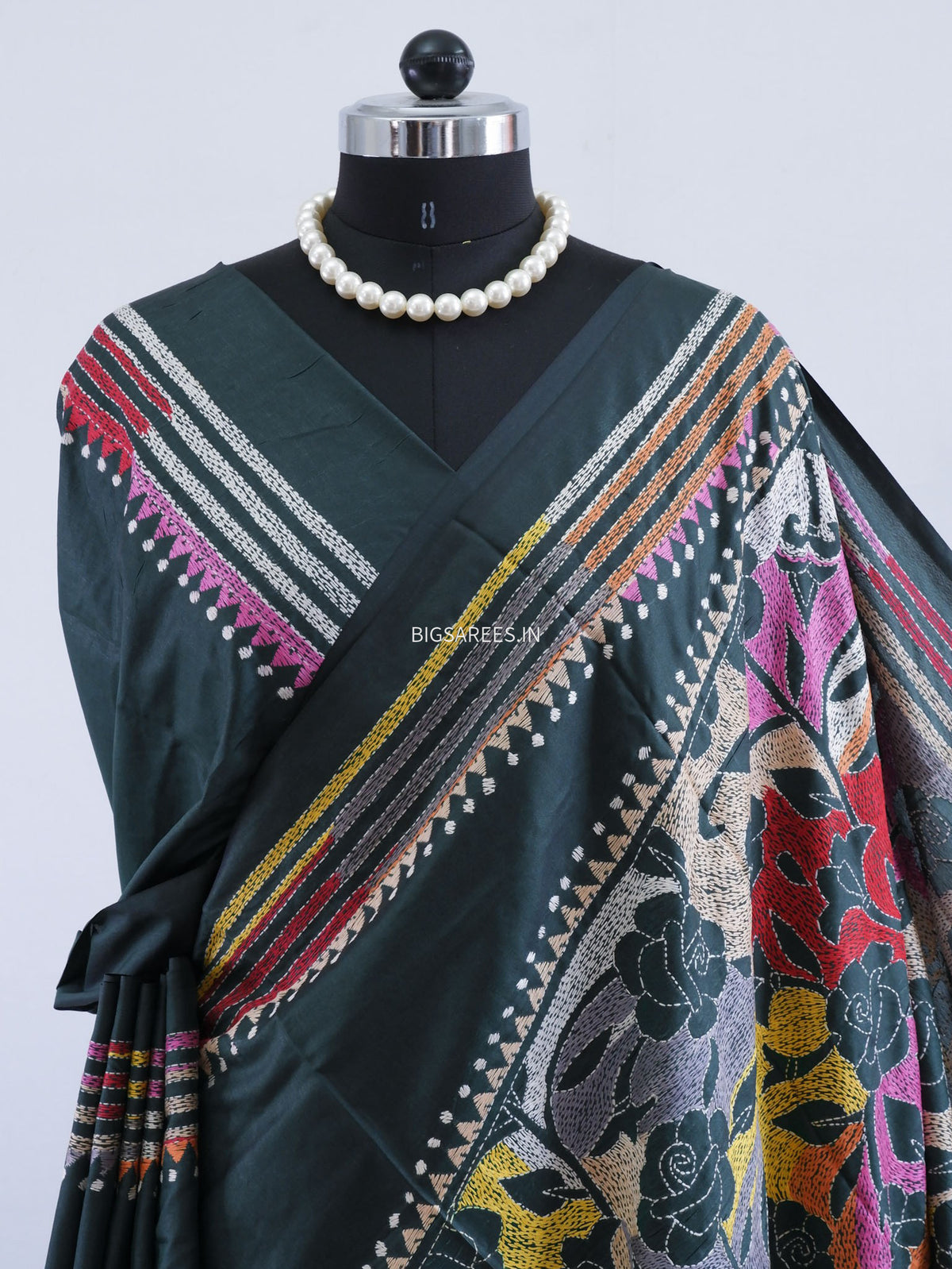 Reverse Kantha - Stitch Hand Embroidered Saree | Art Silk | Forest Green