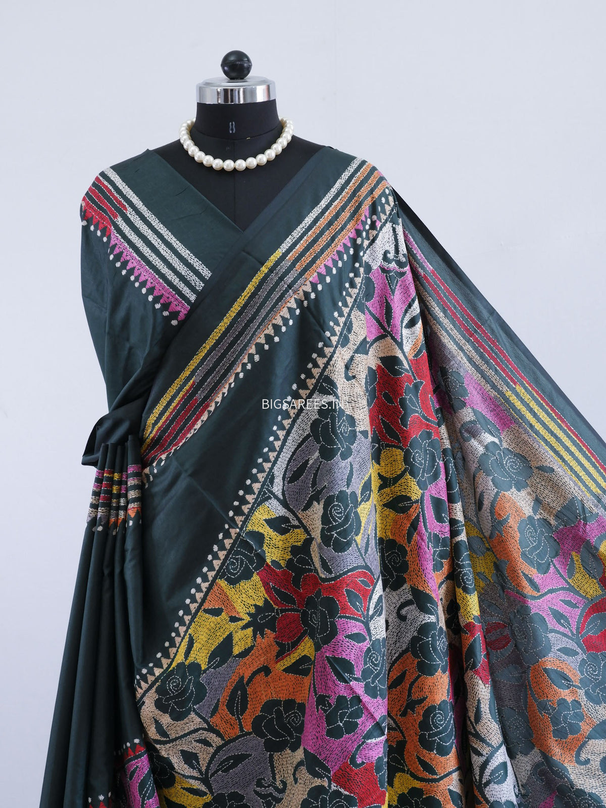 Reverse Kantha - Stitch Hand Embroidered Saree | Art Silk | Forest Green