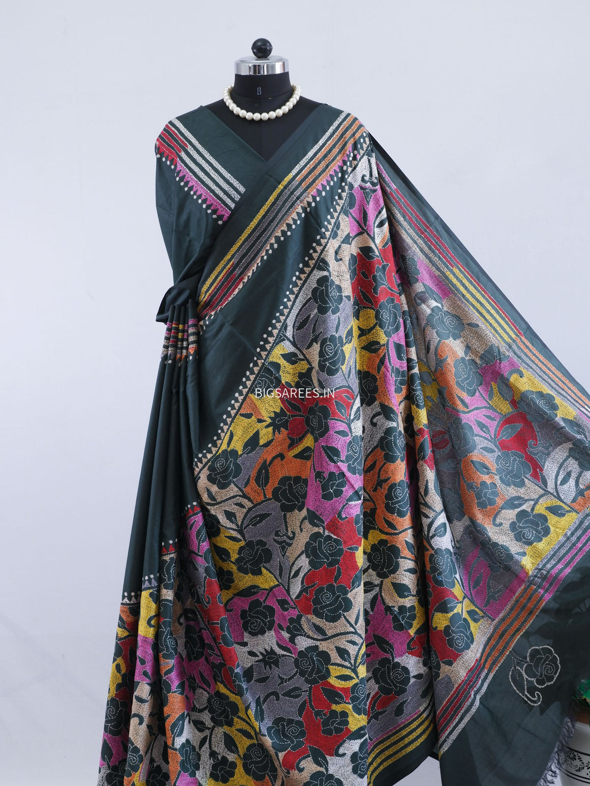 Reverse Kantha - Stitch Hand Embroidered Saree | Art Silk | Forest Green