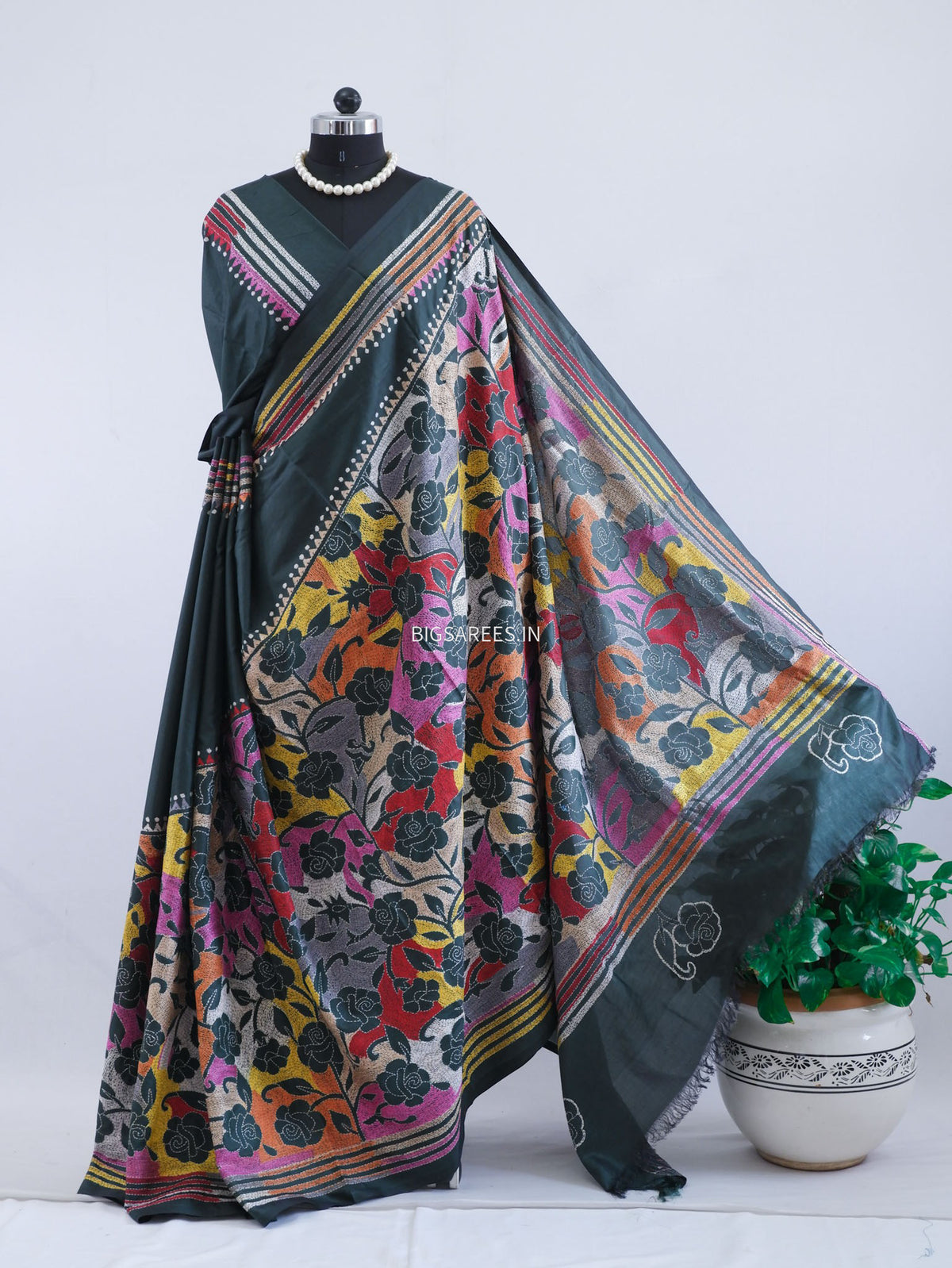 Reverse Kantha - Stitch Hand Embroidered Saree | Art Silk | Forest Green