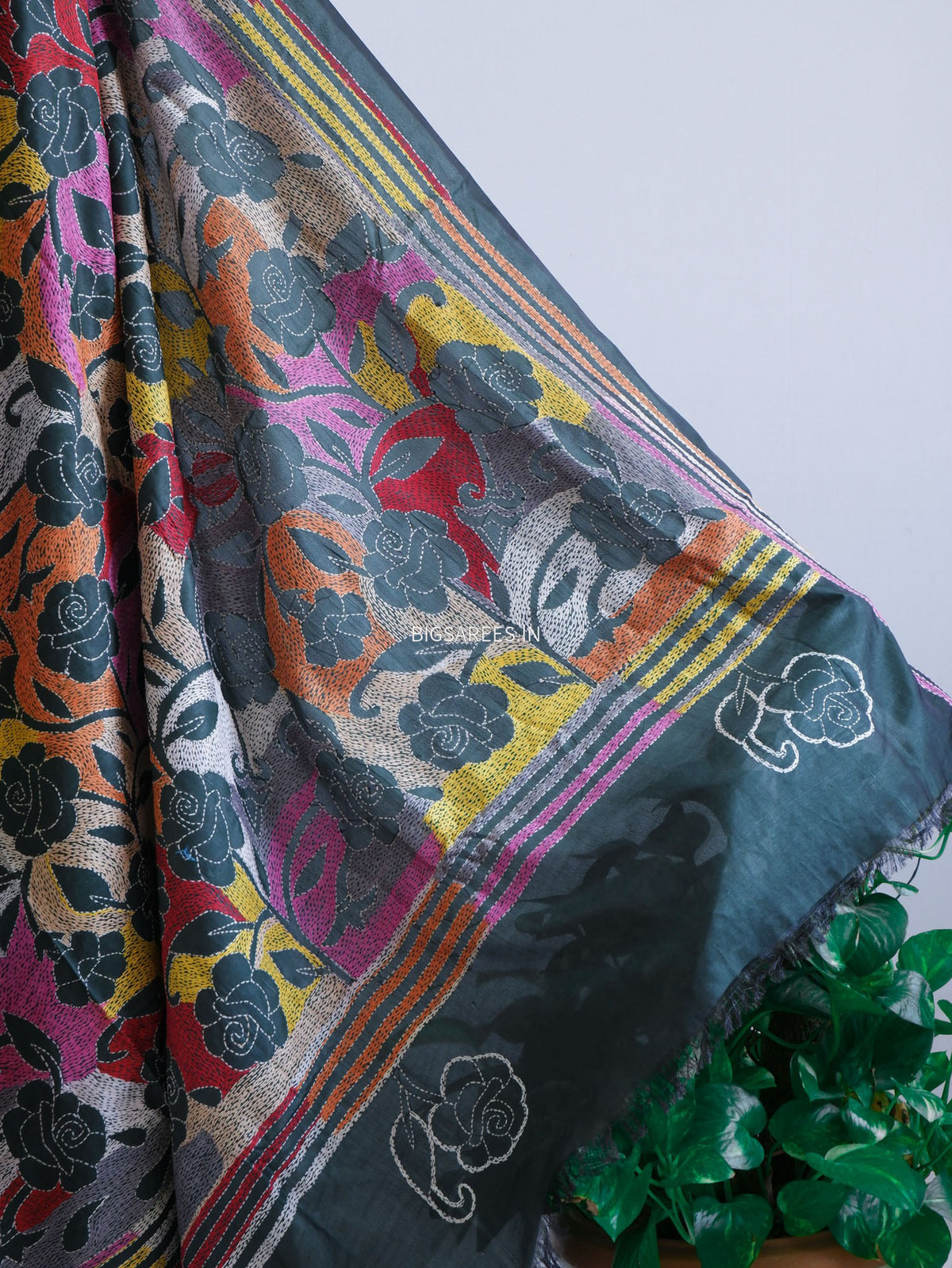 Reverse Kantha - Stitch Hand Embroidered Saree | Art Silk | Forest Green