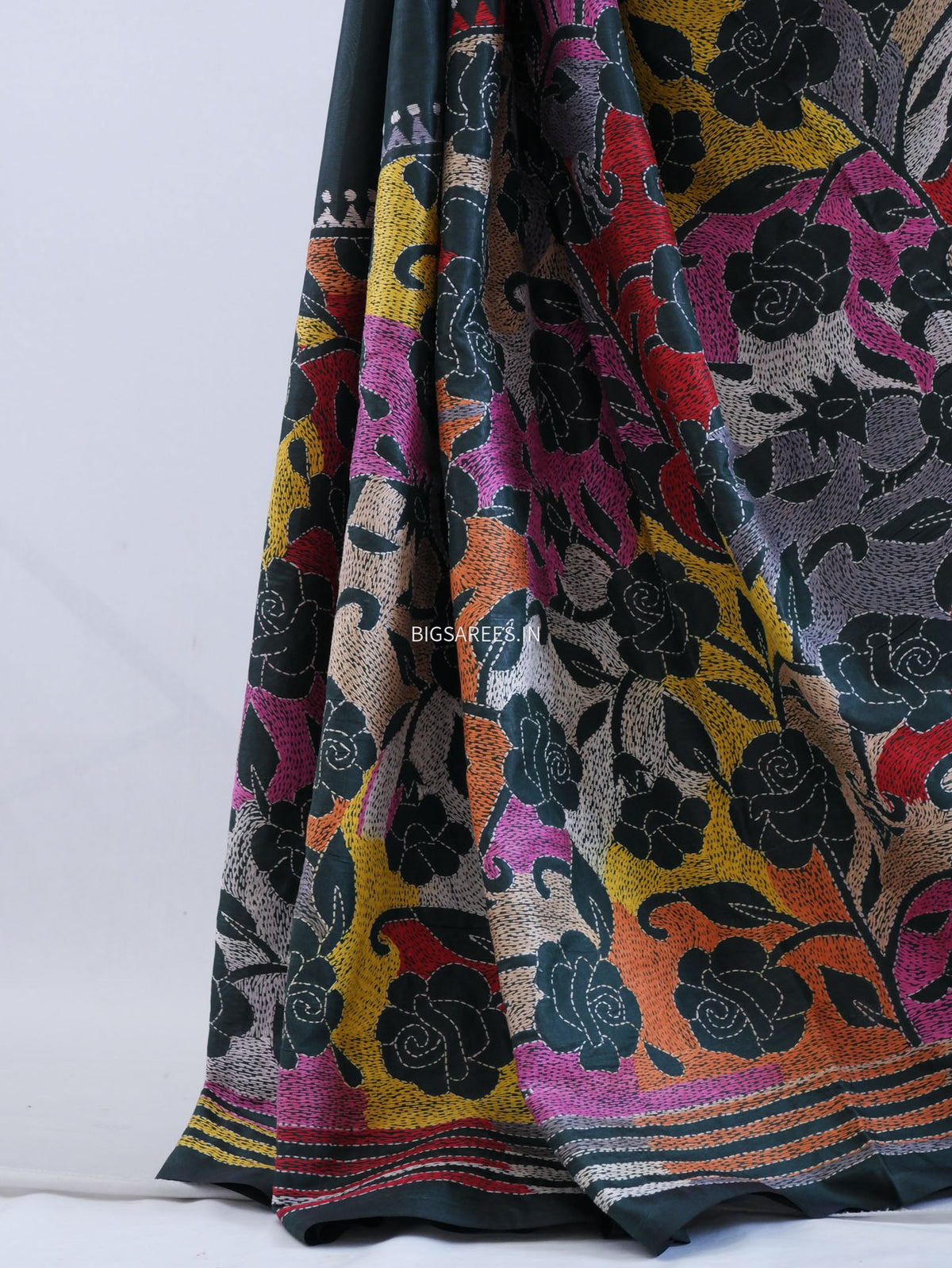 Reverse Kantha - Stitch Hand Embroidered Saree | Art Silk | Forest Green