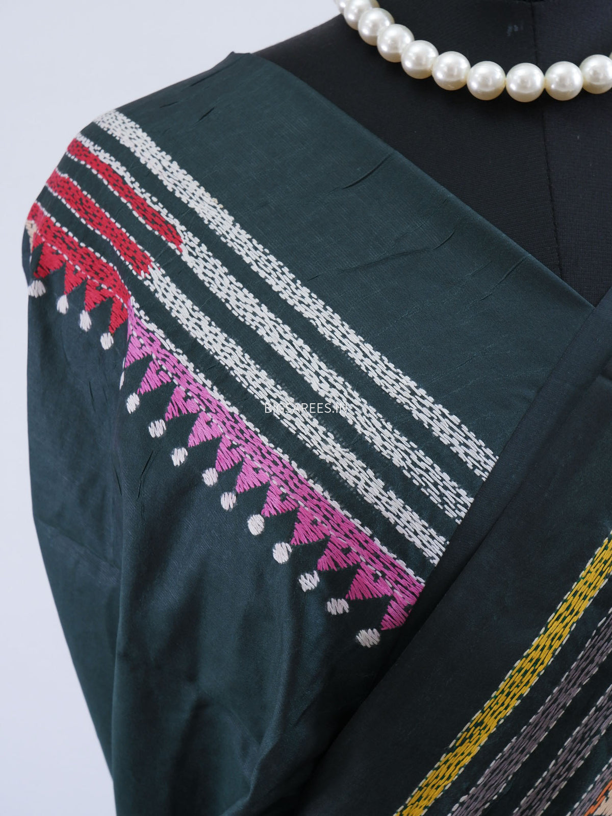Reverse Kantha - Stitch Hand Embroidered Saree | Art Silk | Forest Green