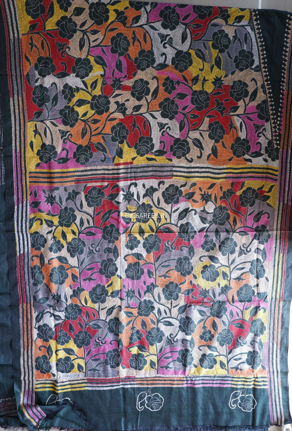 Reverse Kantha - Stitch Hand Embroidered Saree | Art Silk | Forest Green