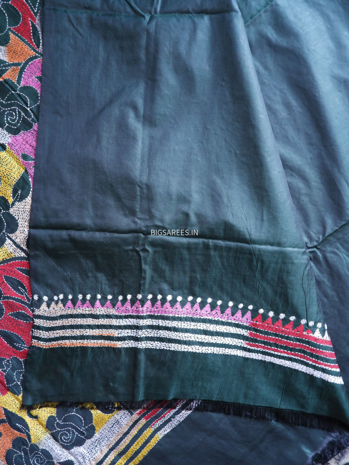 Reverse Kantha - Stitch Hand Embroidered Saree | Art Silk | Forest Green