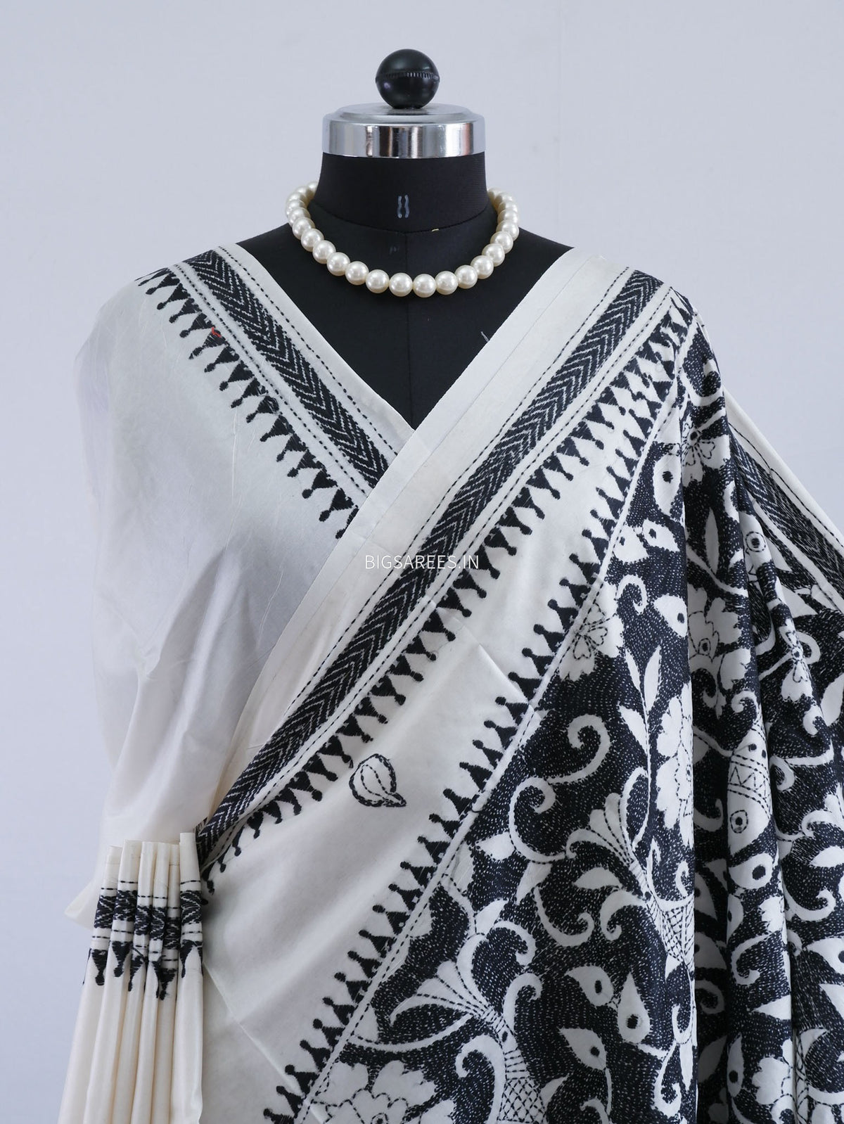 Reverse Kantha - Stitch Hand Embroidered Saree | Art Silk | White