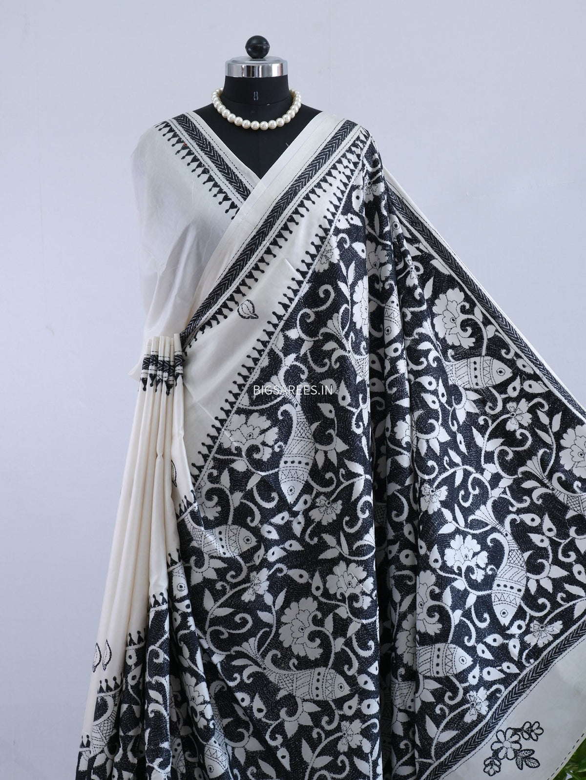 Reverse Kantha - Stitch Hand Embroidered Saree | Art Silk | White