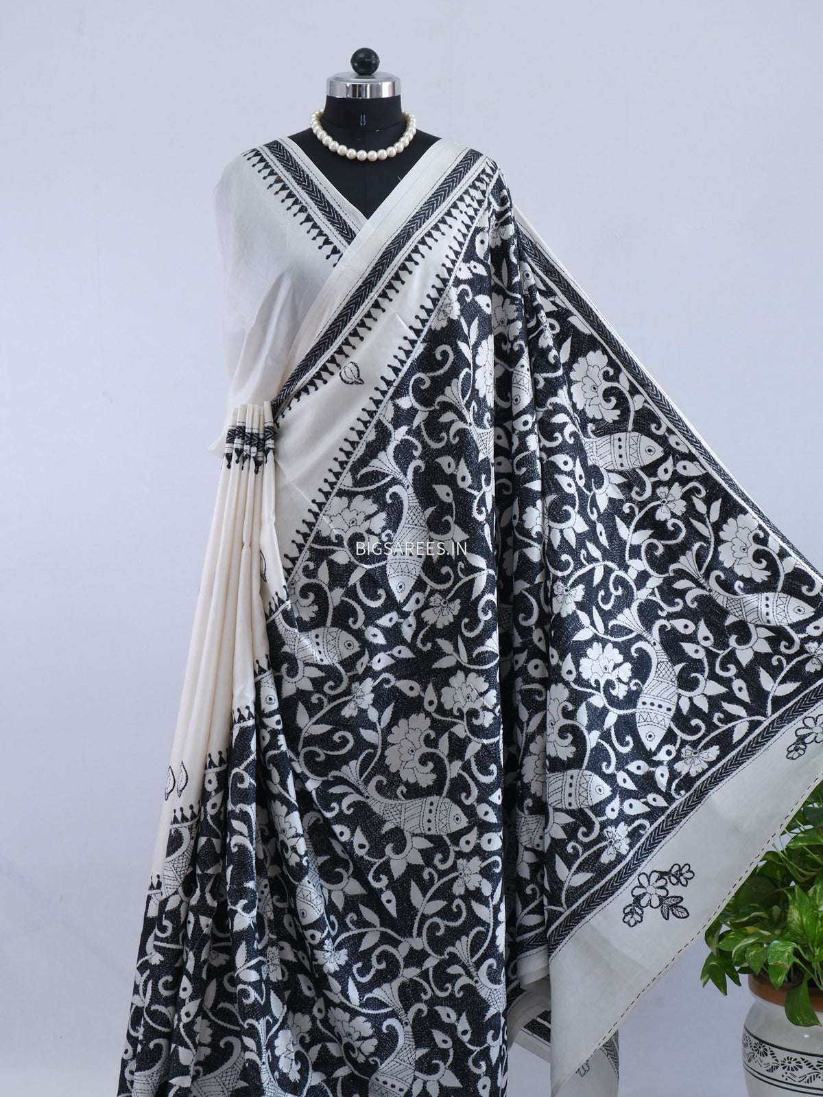 Reverse Kantha - Stitch Hand Embroidered Saree | Art Silk | White