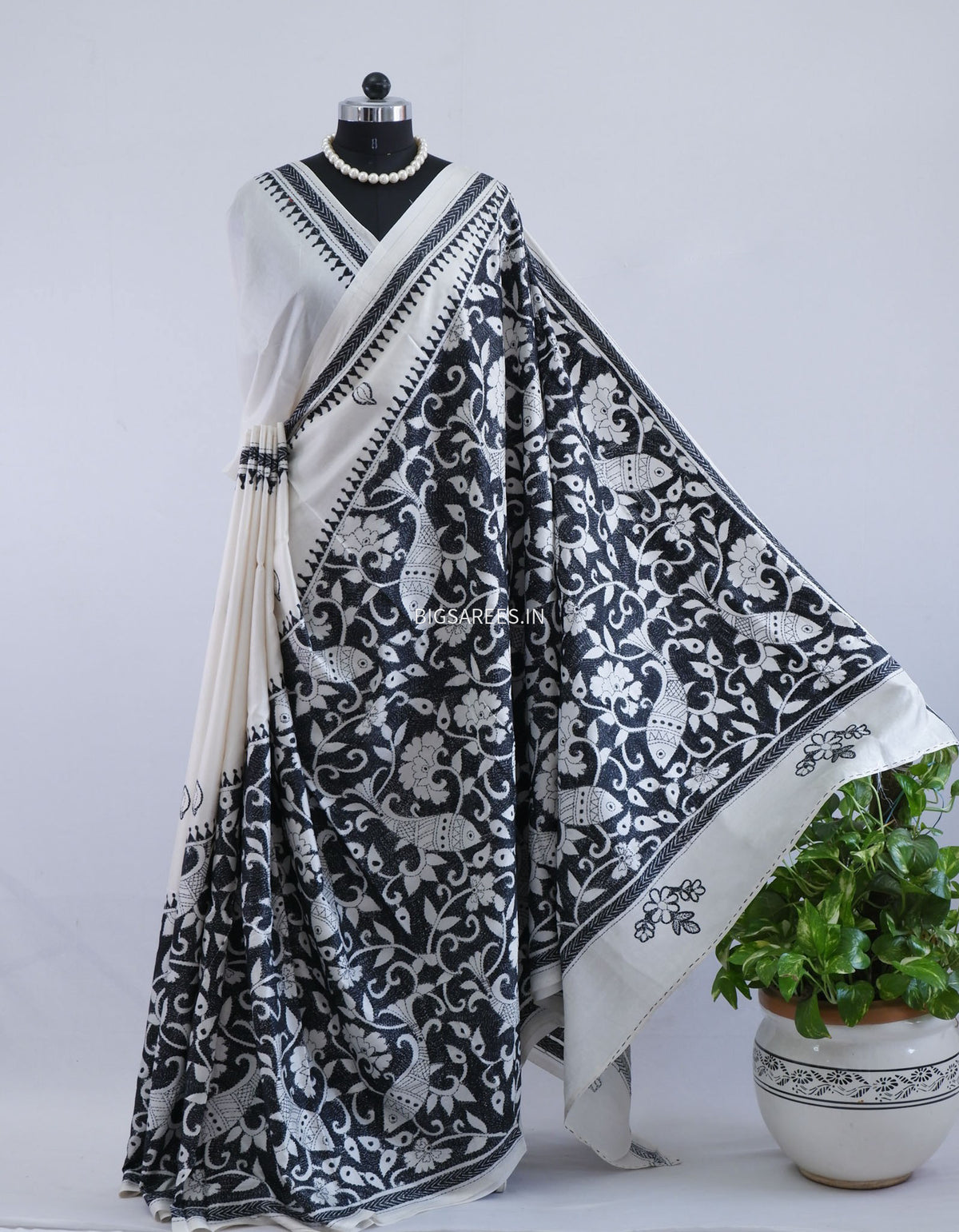 Reverse Kantha - Stitch Hand Embroidered Saree | Art Silk | White