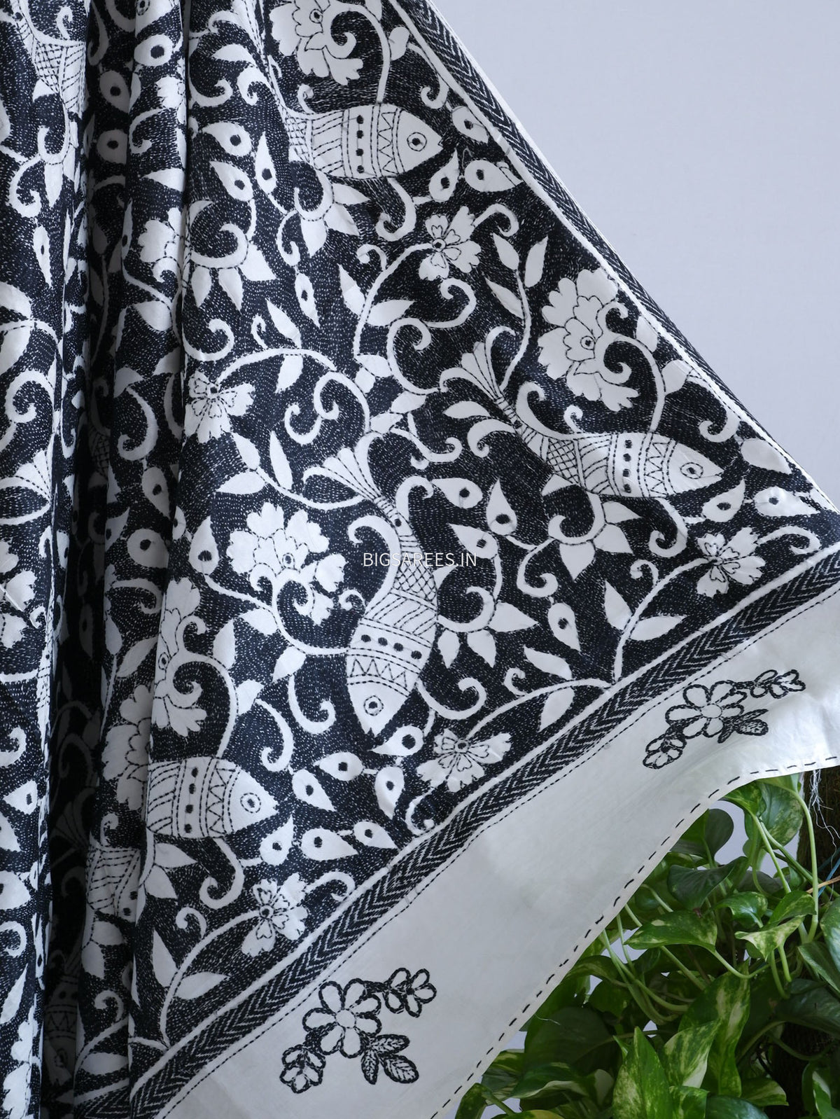 Reverse Kantha - Stitch Hand Embroidered Saree | Art Silk | White